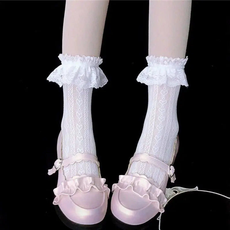 Women's Summer Spring Cotton Socks Thin White Lolita Lace Stocking Black Jk Bow Sweet Mid-leg Calf Socks Sweet Style Girls Gift