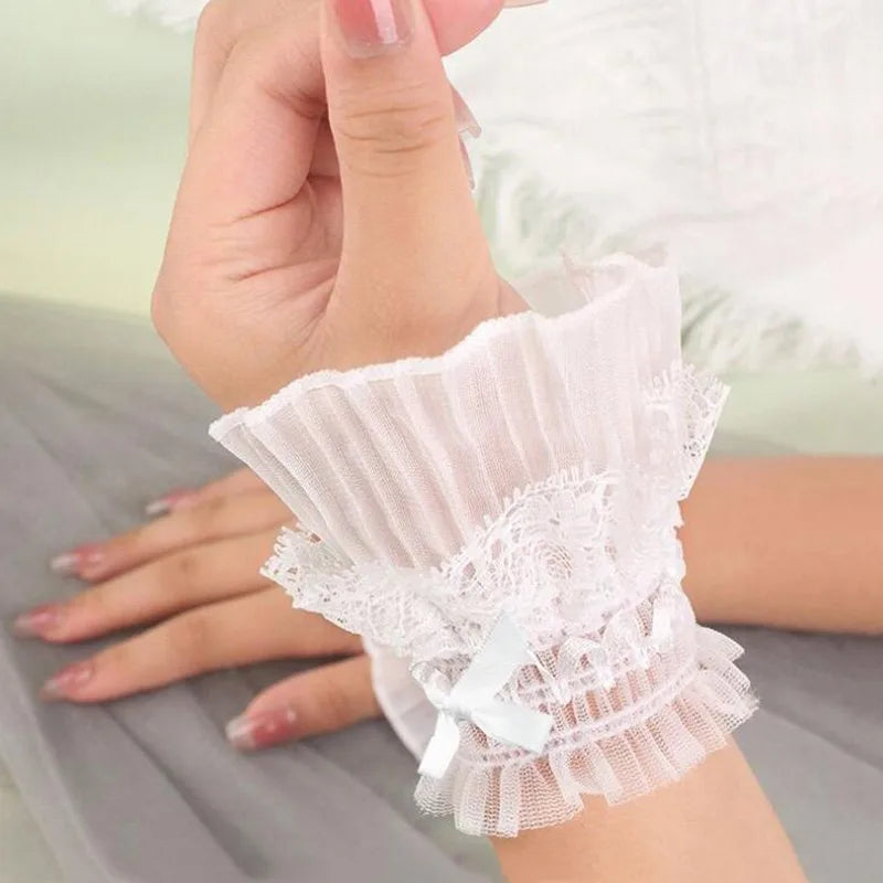 Gothic Lolita Hand Wrist Cuffs Bowknot LaceTrim Maid Cosplay Accessories For Women Girl Party