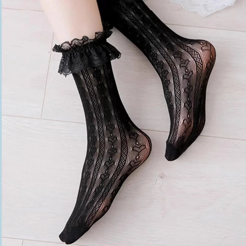 Women's Summer Spring Cotton Socks Thin White Lolita Lace Stocking Black Jk Bow Sweet Mid-leg Calf Socks Sweet Style Girls Gift