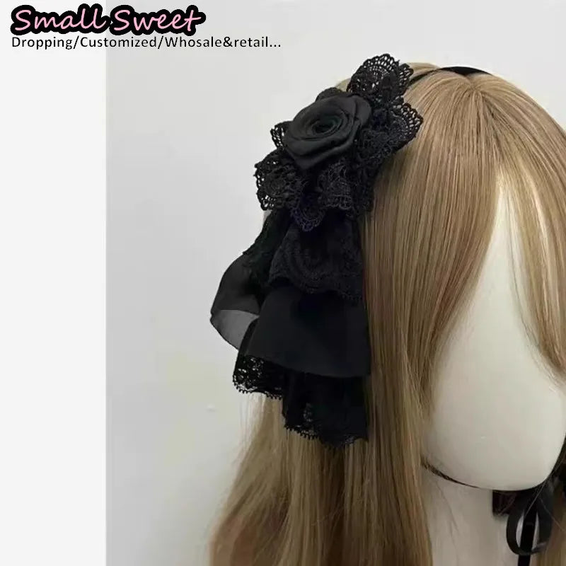 Goth Lolita Handmade White Lace Rose Hair Bands Harajuku Y2K girl Subculture Headwear Punk Bow Headband Hair Accessories