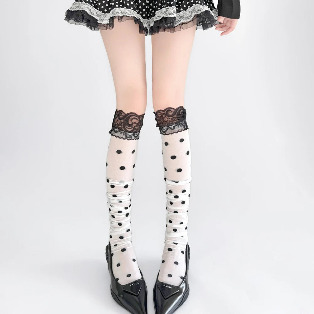 Women High Waist Lace Trim Stretchy Long Stockings Cute Polka Dot Over Knee Socks Breathable Sexy Thin Long Tube Socks Daily