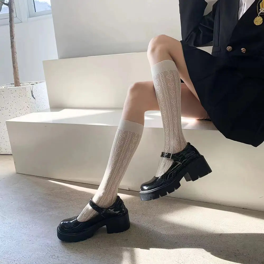 Women's Summer Spring Cotton Socks Thin White Lolita Lace Stocking Black Jk Bow Sweet Mid-leg Calf Socks Sweet Style Girls Gift