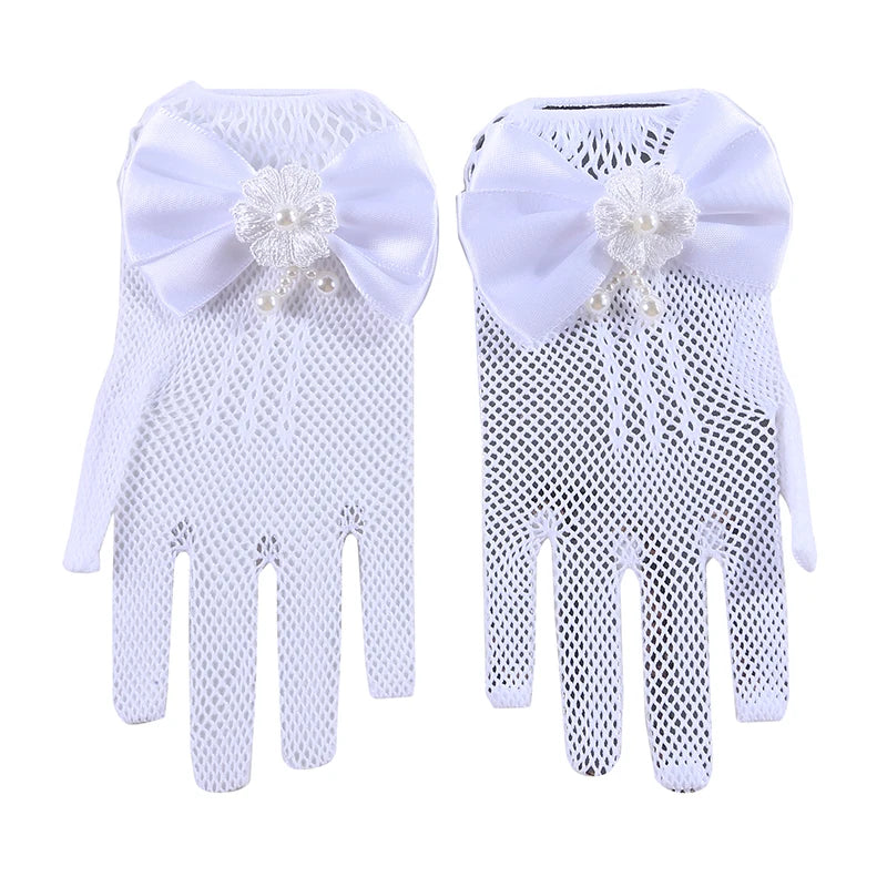 Mesh Bow White Gloves Dress Flower Girl Cute Simple Wedding Communion Party Princess Children Gloves Thin Short Elegant Mittens