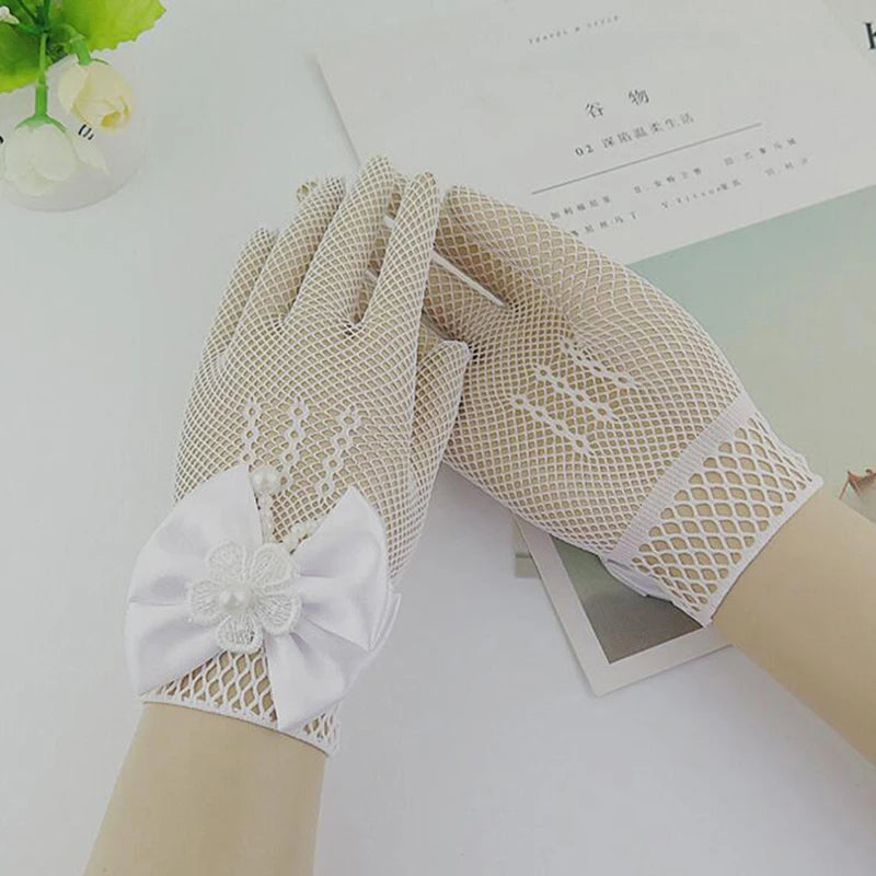 Mesh Bow White Gloves Dress Flower Girl Cute Simple Wedding Communion Party Princess Children Gloves Thin Short Elegant Mittens