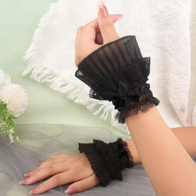 Gothic Lolita Hand Wrist Cuffs Bowknot LaceTrim Maid Cosplay Accessories For Women Girl Party