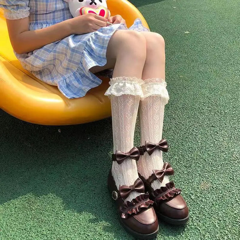 Women's Summer Spring Cotton Socks Thin White Lolita Lace Stocking Black Jk Bow Sweet Mid-leg Calf Socks Sweet Style Girls Gift
