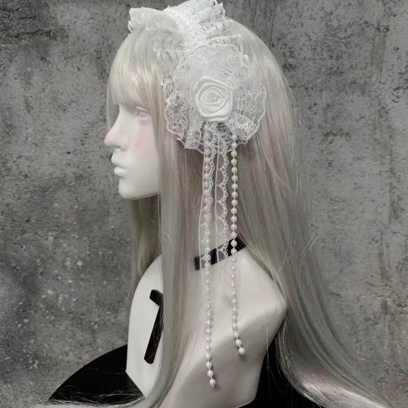 Gothic Lolita Lace Headband with Rose Flower Pearl Tassel Black White Frilled Headdress for Women Cosplay Party Hair Accessories