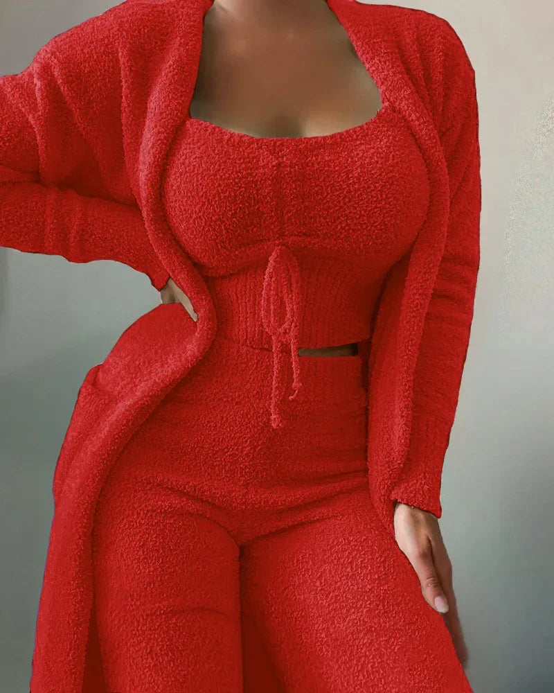 2026 New Autumn Winter Women's Velvet Pajamas Set Crop Top+Long Pants+Coat 3 Pieces Suit Warm Soft Fleece Homewear Pyjamas S-3XL