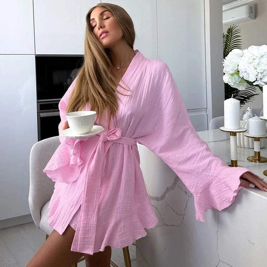 Ruffle Women's Nightwear White 2 Piece Sets Cotton Long Sleeve Casual Pajamas Sashes Loose Suits With Shorts Autumn Sleepwear