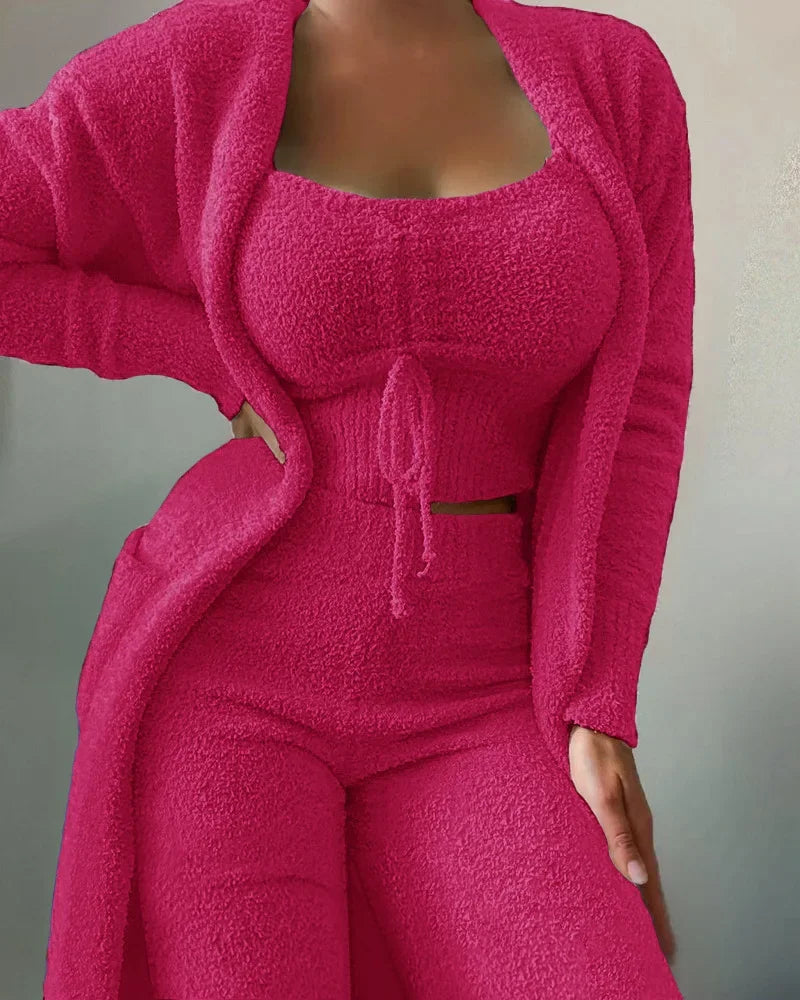 2026 New Autumn Winter Women's Velvet Pajamas Set Crop Top+Long Pants+Coat 3 Pieces Suit Warm Soft Fleece Homewear Pyjamas S-3XL