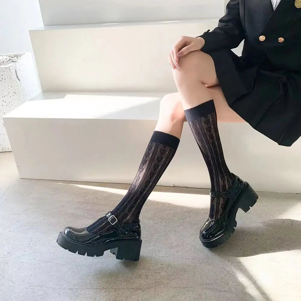 Women's Summer Spring Cotton Socks Thin White Lolita Lace Stocking Black Jk Bow Sweet Mid-leg Calf Socks Sweet Style Girls Gift
