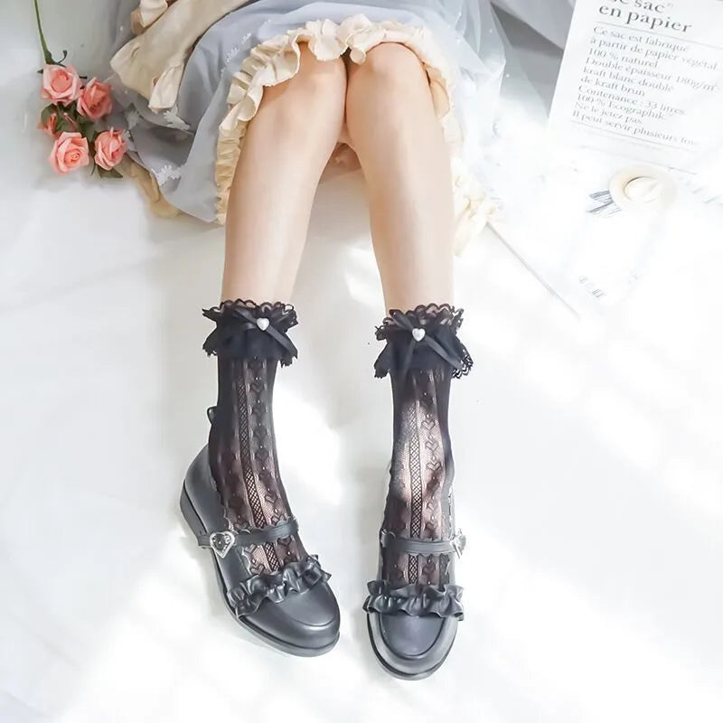 Women's Summer Spring Cotton Socks Thin White Lolita Lace Stocking Black Jk Bow Sweet Mid-leg Calf Socks Sweet Style Girls Gift
