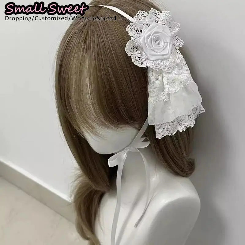 Goth Lolita Handmade White Lace Rose Hair Bands Harajuku Y2K girl Subculture Headwear Punk Bow Headband Hair Accessories