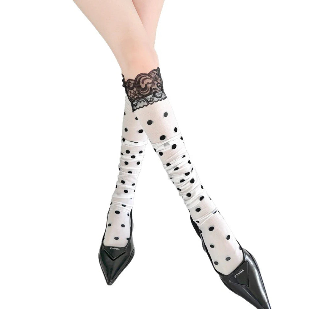Women High Waist Lace Trim Stretchy Long Stockings Cute Polka Dot Over Knee Socks Breathable Sexy Thin Long Tube Socks Daily