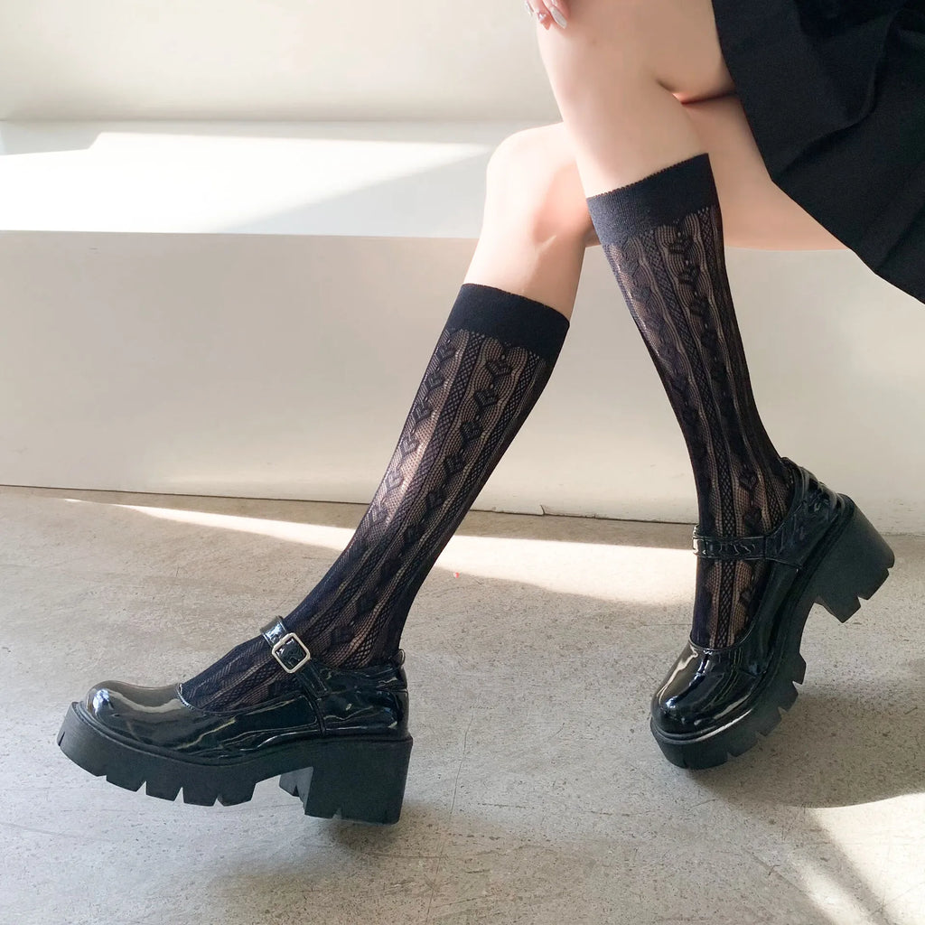 Women's Summer Spring Cotton Socks Thin White Lolita Lace Stocking Black Jk Bow Sweet Mid-leg Calf Socks Sweet Style Girls Gift