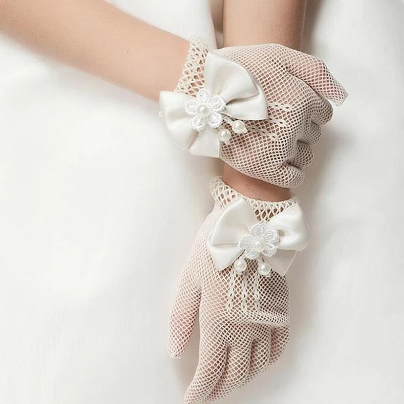 Mesh Bow White Gloves Dress Flower Girl Cute Simple Wedding Communion Party Princess Children Gloves Thin Short Elegant Mittens