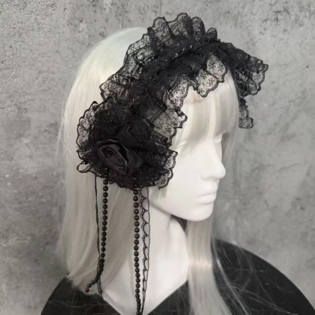 Gothic Lolita Lace Headband with Rose Flower Pearl Tassel Black White Frilled Headdress for Women Cosplay Party Hair Accessories