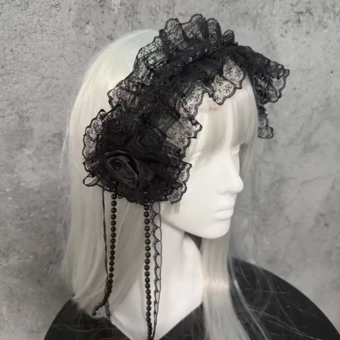 Gothic Lolita Lace Headband with Rose Flower Pearl Tassel Black White Frilled Headdress for Women Cosplay Party Hair Accessories