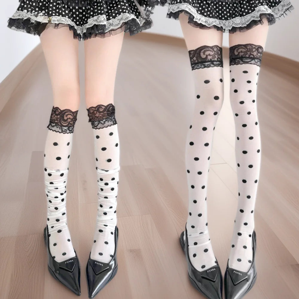 Women High Waist Lace Trim Stretchy Long Stockings Cute Polka Dot Over Knee Socks Breathable Sexy Thin Long Tube Socks Daily