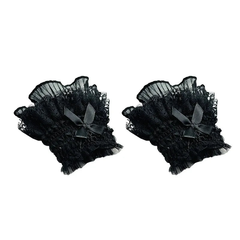 Gothic Lolita Hand Wrist Cuffs Bowknot LaceTrim Maid Cosplay Accessories For Women Girl Party