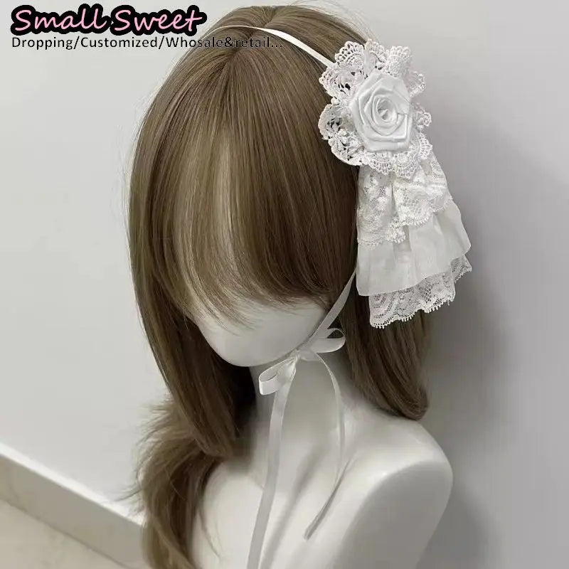 Goth Lolita Handmade White Lace Rose Hair Bands Harajuku Y2K girl Subculture Headwear Punk Bow Headband Hair Accessories