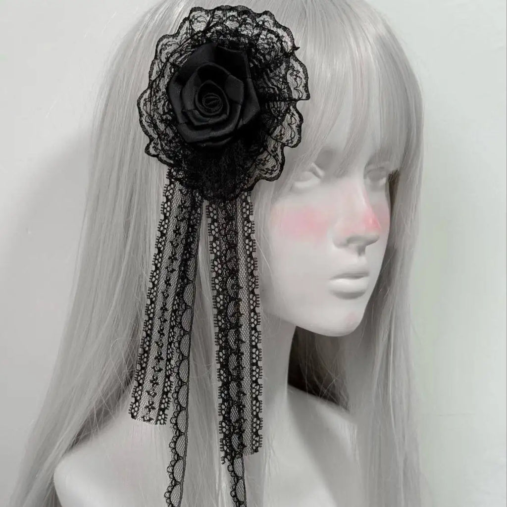 Gothic Lolita Lace Headband with Rose Flower Pearl Tassel Black White Frilled Headdress for Women Cosplay Party Hair Accessories