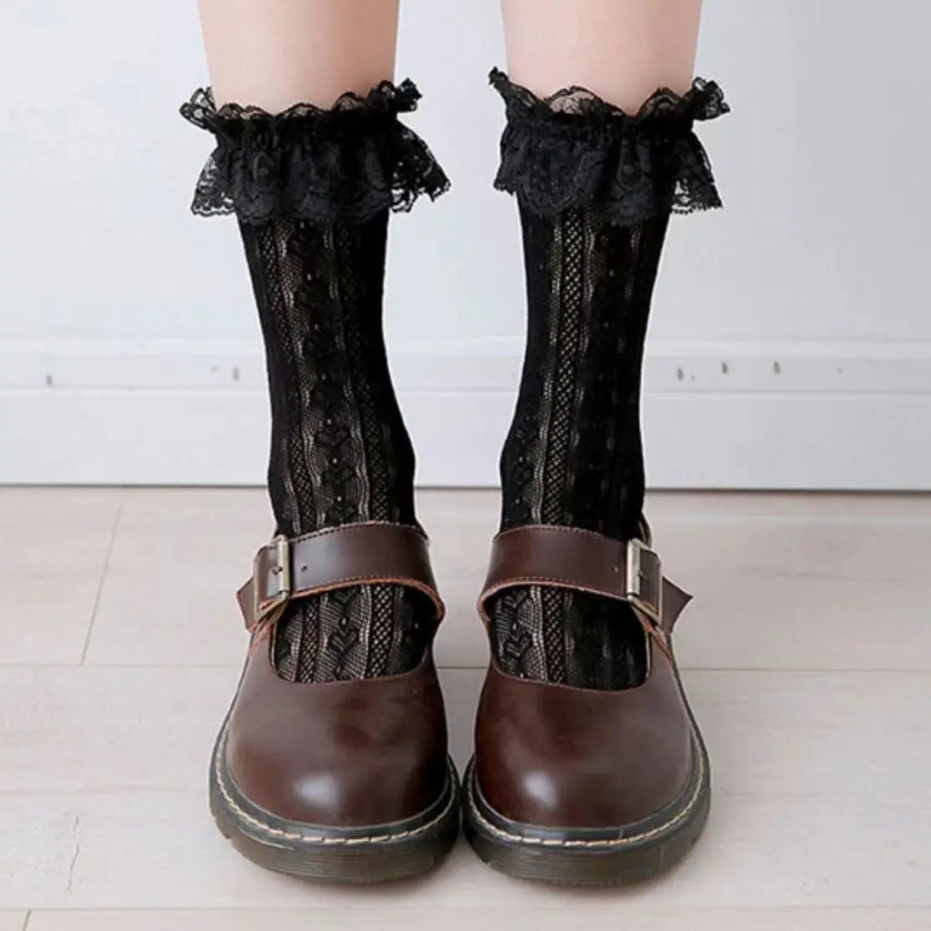 Women's Summer Spring Cotton Socks Thin White Lolita Lace Stocking Black Jk Bow Sweet Mid-leg Calf Socks Sweet Style Girls Gift