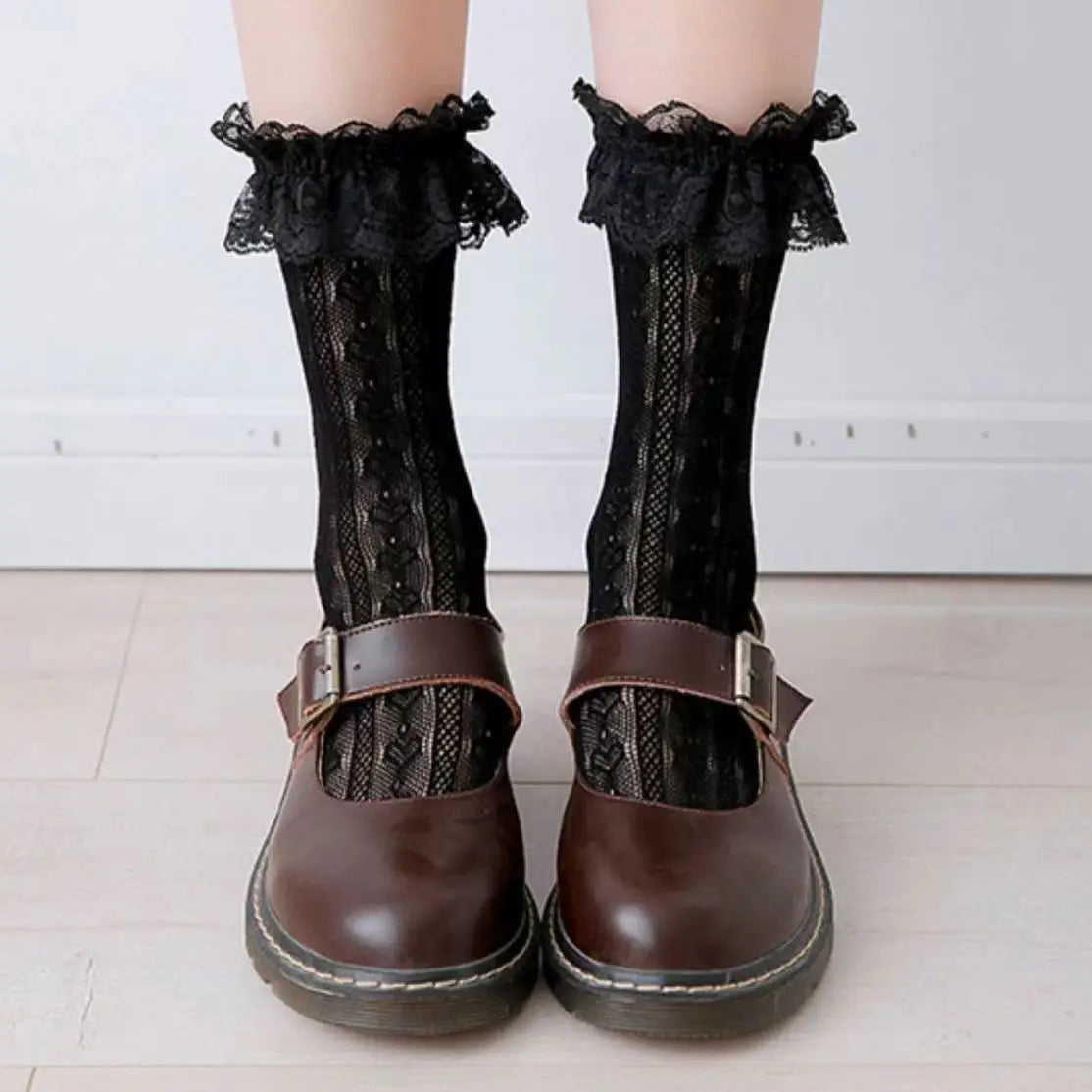 Women's Summer Spring Cotton Socks Thin White Lolita Lace Stocking Black Jk Bow Sweet Mid-leg Calf Socks Sweet Style Girls Gift