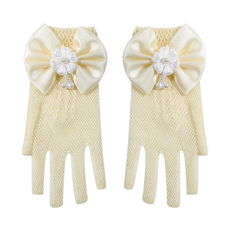 Mesh Bow White Gloves Dress Flower Girl Cute Simple Wedding Communion Party Princess Children Gloves Thin Short Elegant Mittens