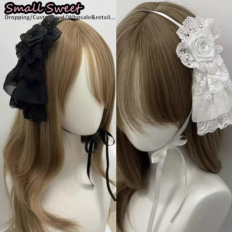 Goth Lolita Handmade White Lace Rose Hair Bands Harajuku Y2K girl Subculture Headwear Punk Bow Headband Hair Accessories