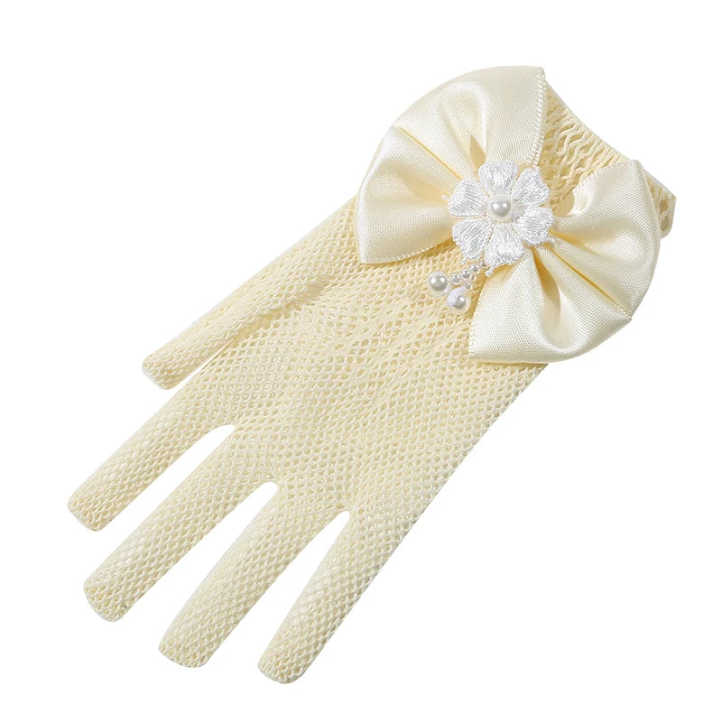 Mesh Bow White Gloves Dress Flower Girl Cute Simple Wedding Communion Party Princess Children Gloves Thin Short Elegant Mittens