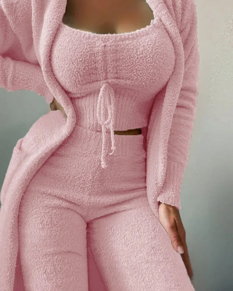 2026 New Autumn Winter Women's Velvet Pajamas Set Crop Top+Long Pants+Coat 3 Pieces Suit Warm Soft Fleece Homewear Pyjamas S-3XL
