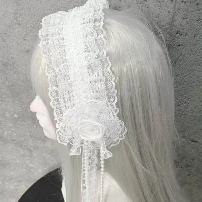 Gothic Lolita Lace Headband with Rose Flower Pearl Tassel Black White Frilled Headdress for Women Cosplay Party Hair Accessories