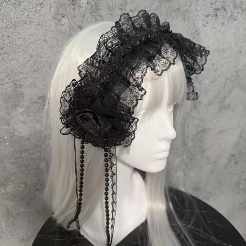 Gothic Lolita Lace Headband with Rose Flower Pearl Tassel Black White Frilled Headdress for Women Cosplay Party Hair Accessories