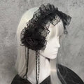 Gothic Lolita Lace Headband with Rose Flower Pearl Tassel Black White Frilled Headdress for Women Cosplay Party Hair Accessories