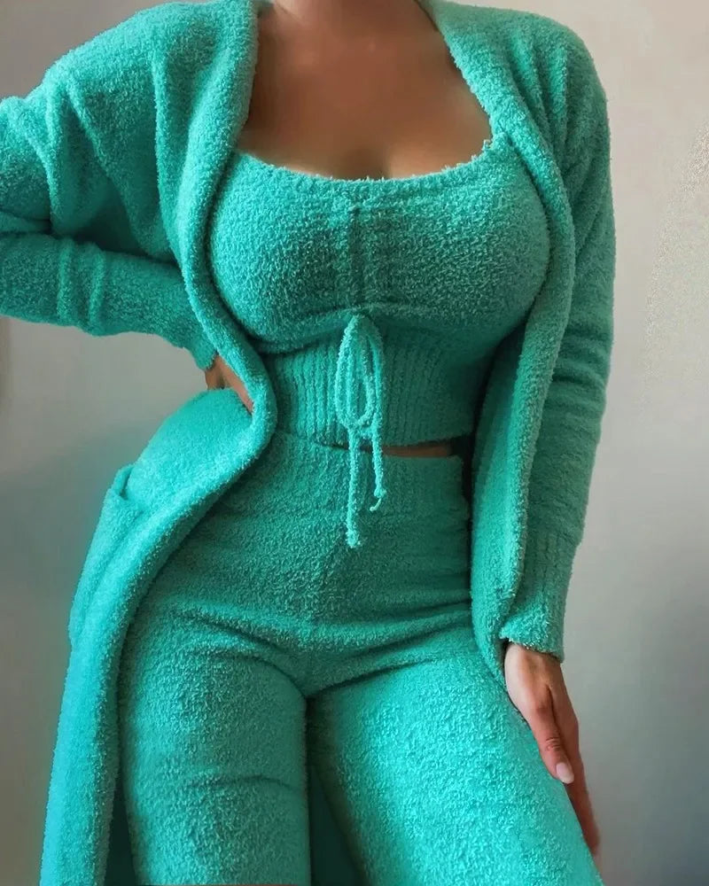 2026 New Autumn Winter Women's Velvet Pajamas Set Crop Top+Long Pants+Coat 3 Pieces Suit Warm Soft Fleece Homewear Pyjamas S-3XL