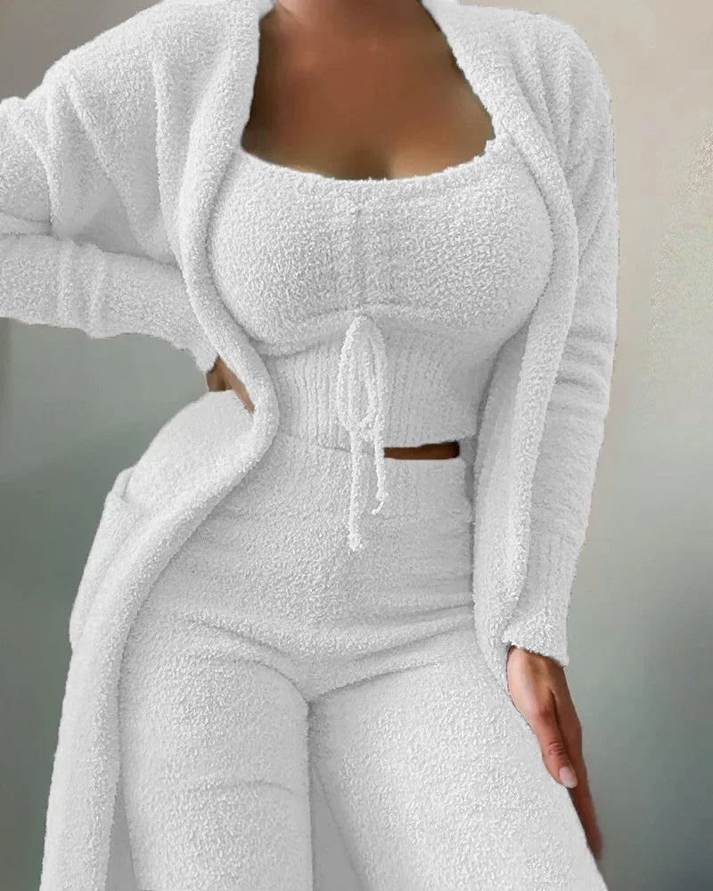 2026 New Autumn Winter Women's Velvet Pajamas Set Crop Top+Long Pants+Coat 3 Pieces Suit Warm Soft Fleece Homewear Pyjamas S-3XL