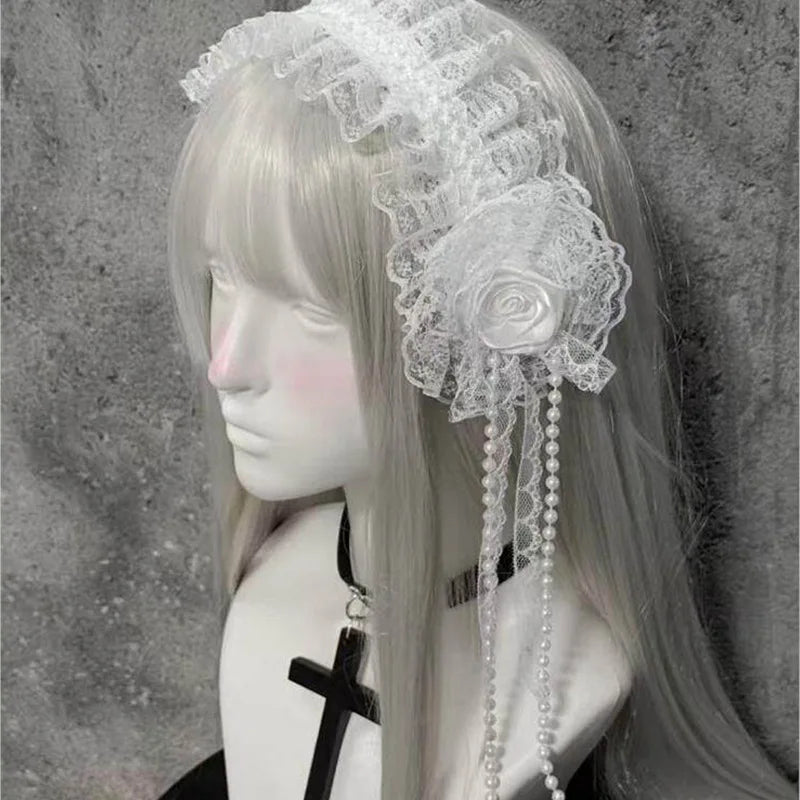 Gothic Lolita Lace Headband with Rose Flower Pearl Tassel Black White Frilled Headdress for Women Cosplay Party Hair Accessories